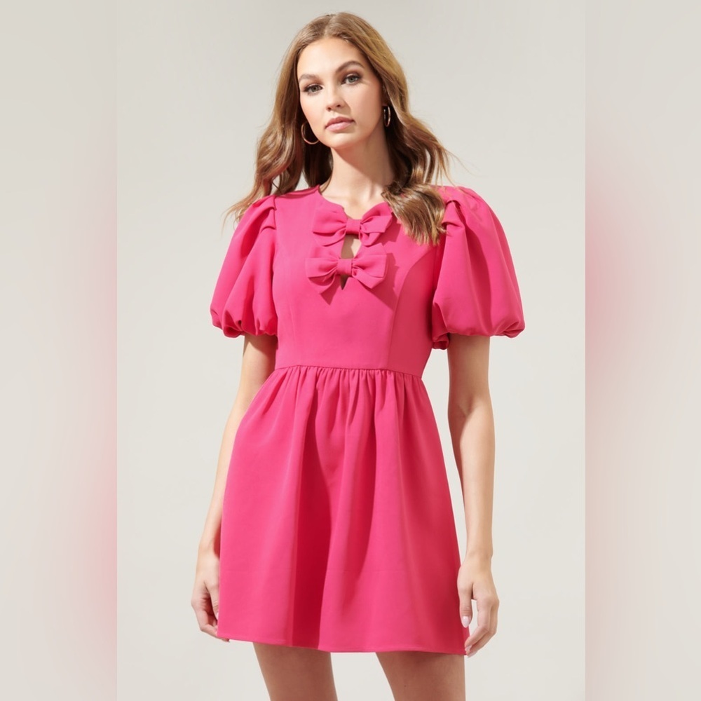 SugarLips Chelsea Bow Hot Pink Puff Sleeve Dress. Medium